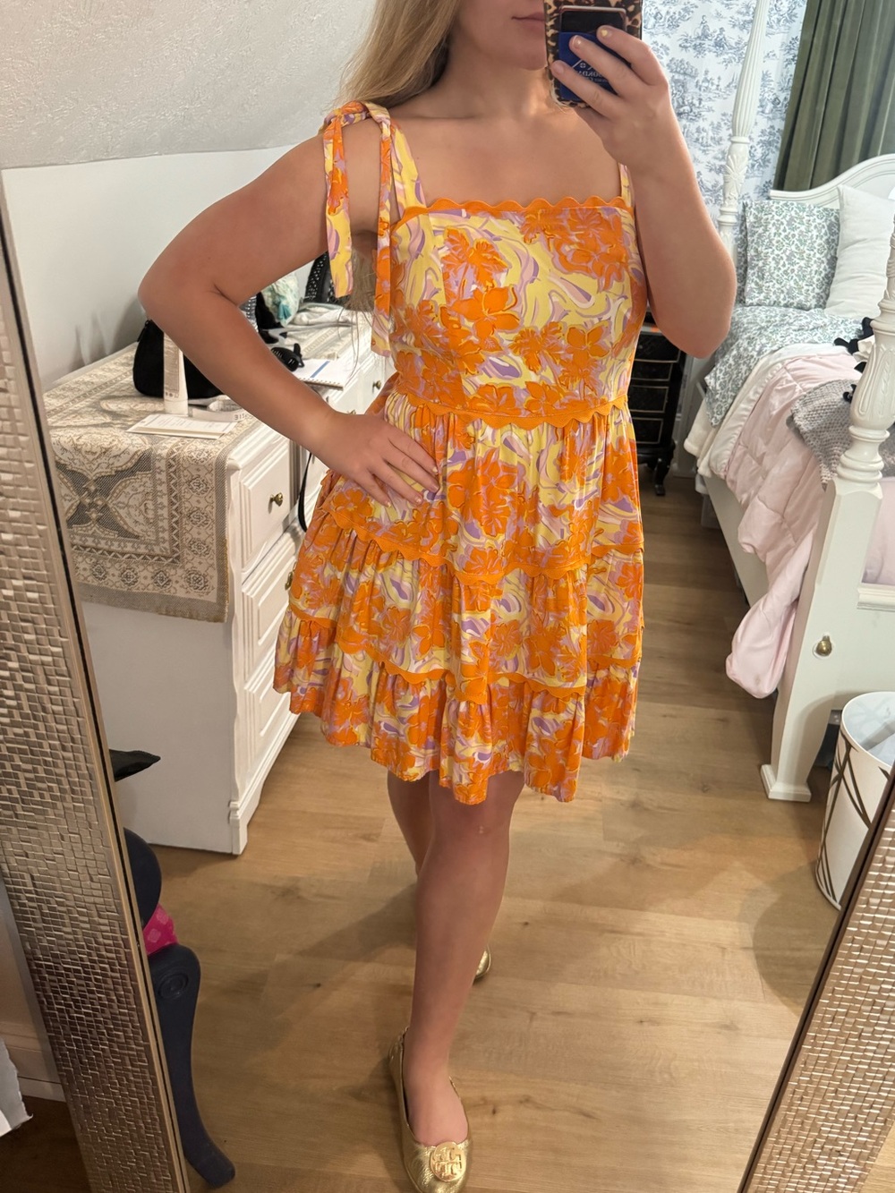 Boutique Floral Tie-Shoulder Sundress in Orange